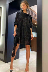 Robe courte à paillettes, col rond, manches bouffantes et ceinture - Noir